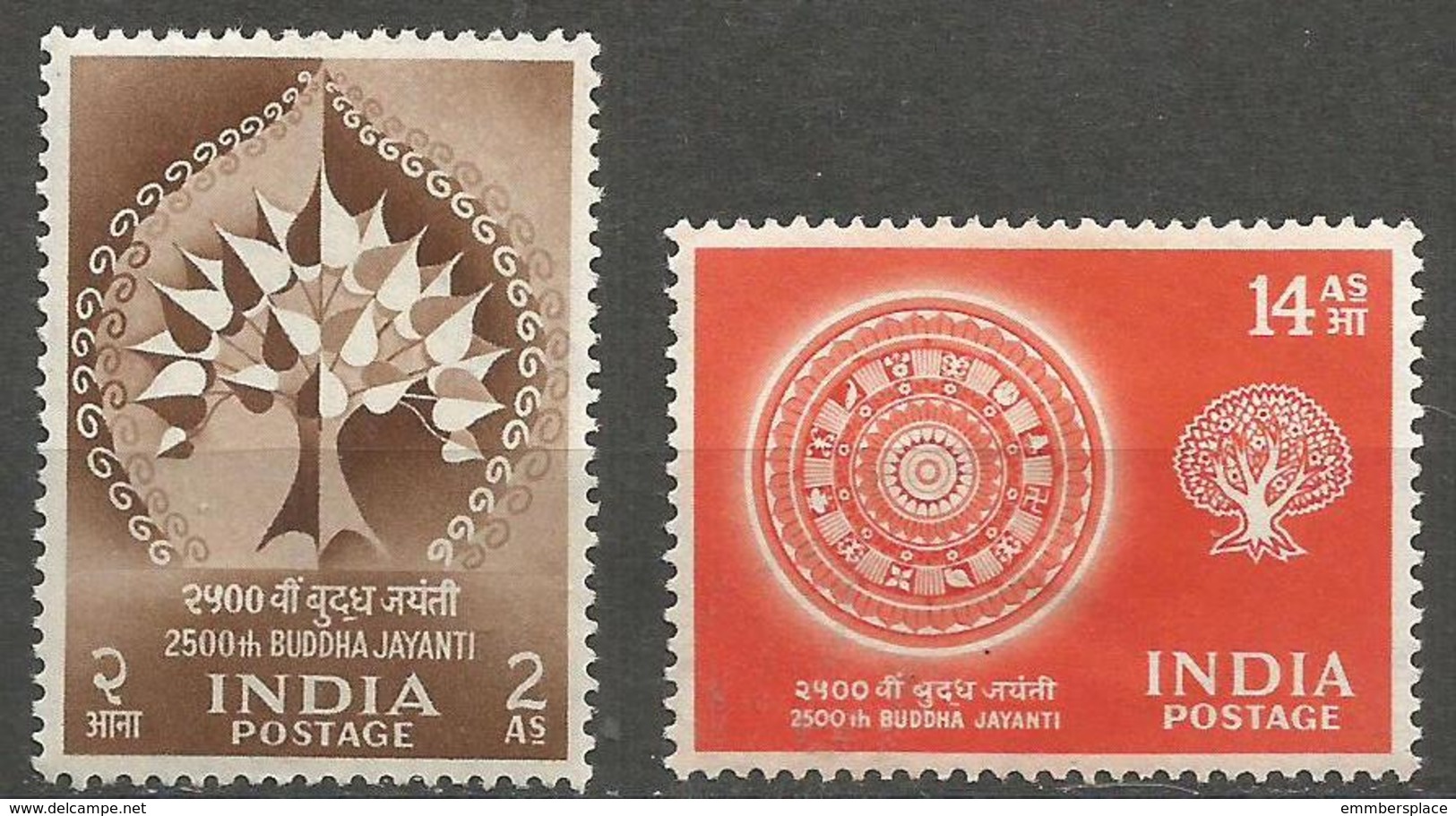 India - 1956 Buddha Jayanti MLH *    SG 372-3 Sc 272-3 - Unused Stamps