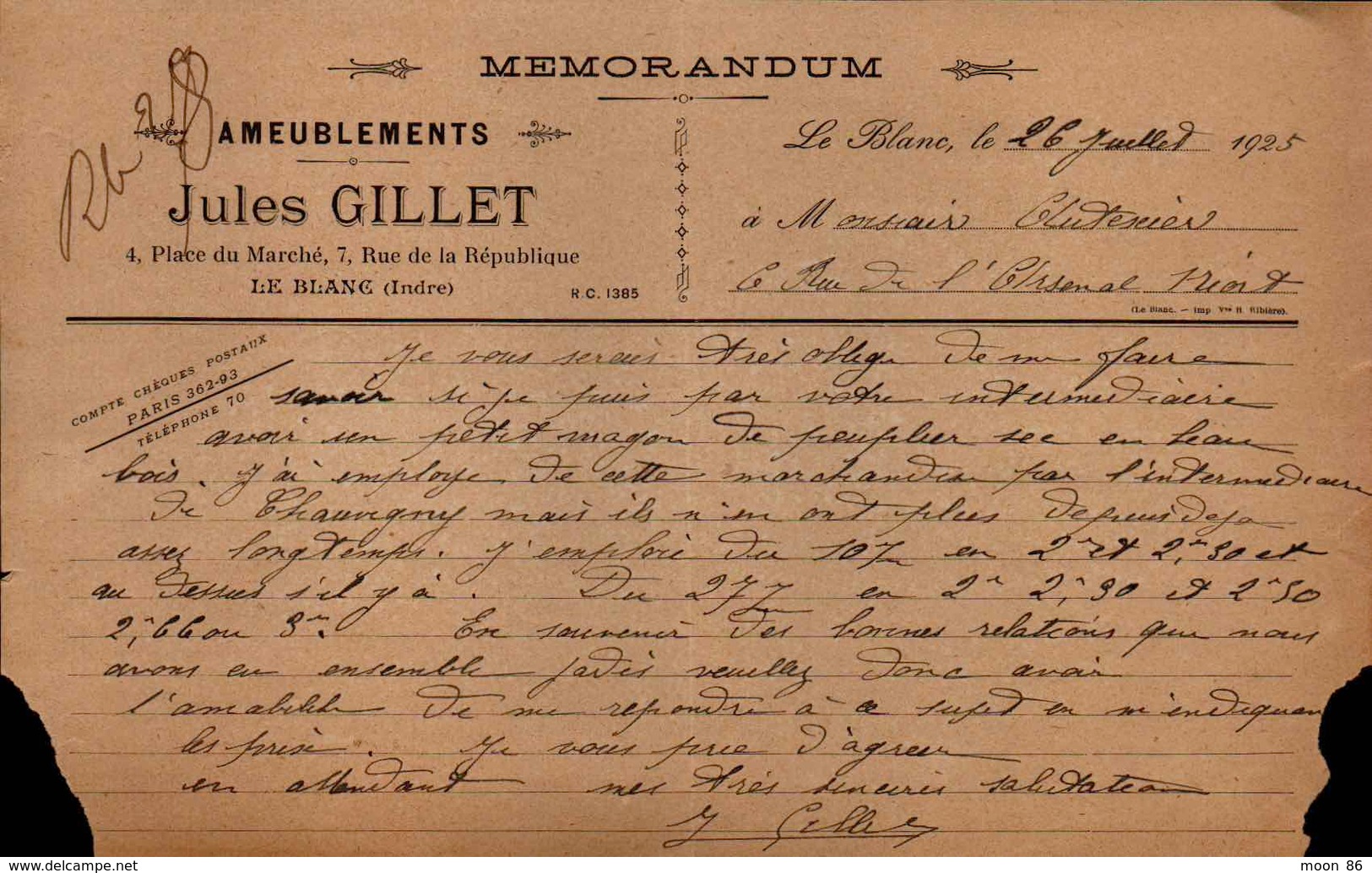 1925 - MEMORANDUM  A ENTETE AMEUBLEMENTS - JULES GILLET A LE BLANC INDRE 36 - 1900 – 1949