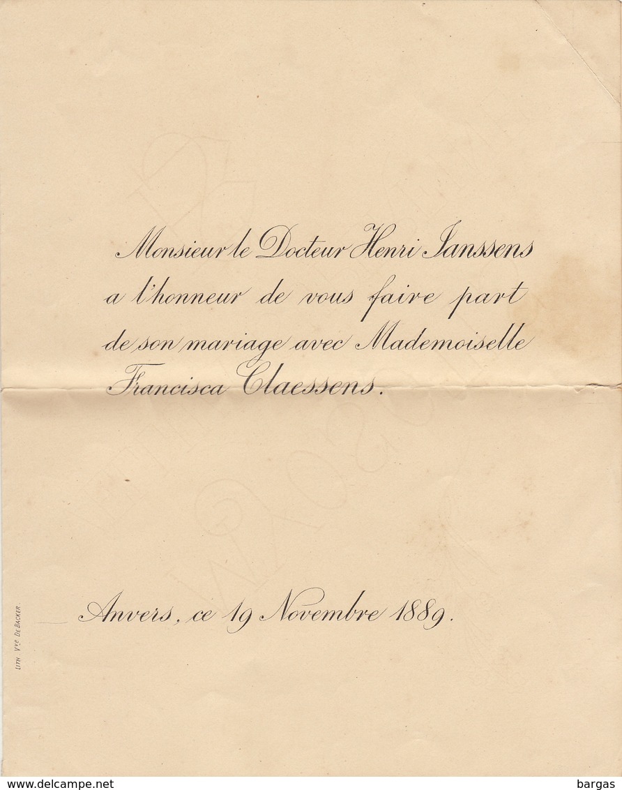 Mariage De Janssens Docteur Claessens 1889 Anvers - Mariage