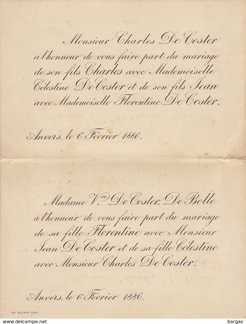 Double Mariage De Charles Et Jean De Coster Avec Celestine Et Florentine De Coster De Bolle 1886 Anvers - Mariage