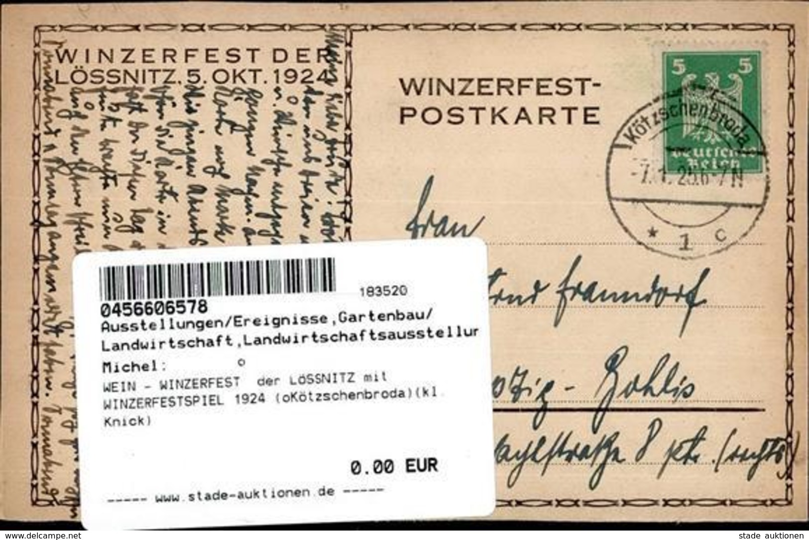 WEIN - WINZERFEST  Der LÖSSNITZ Mit WINZERFESTSPIEL 1924 (oKötzschenbroda)(kl.Knick) - Ausstellungen