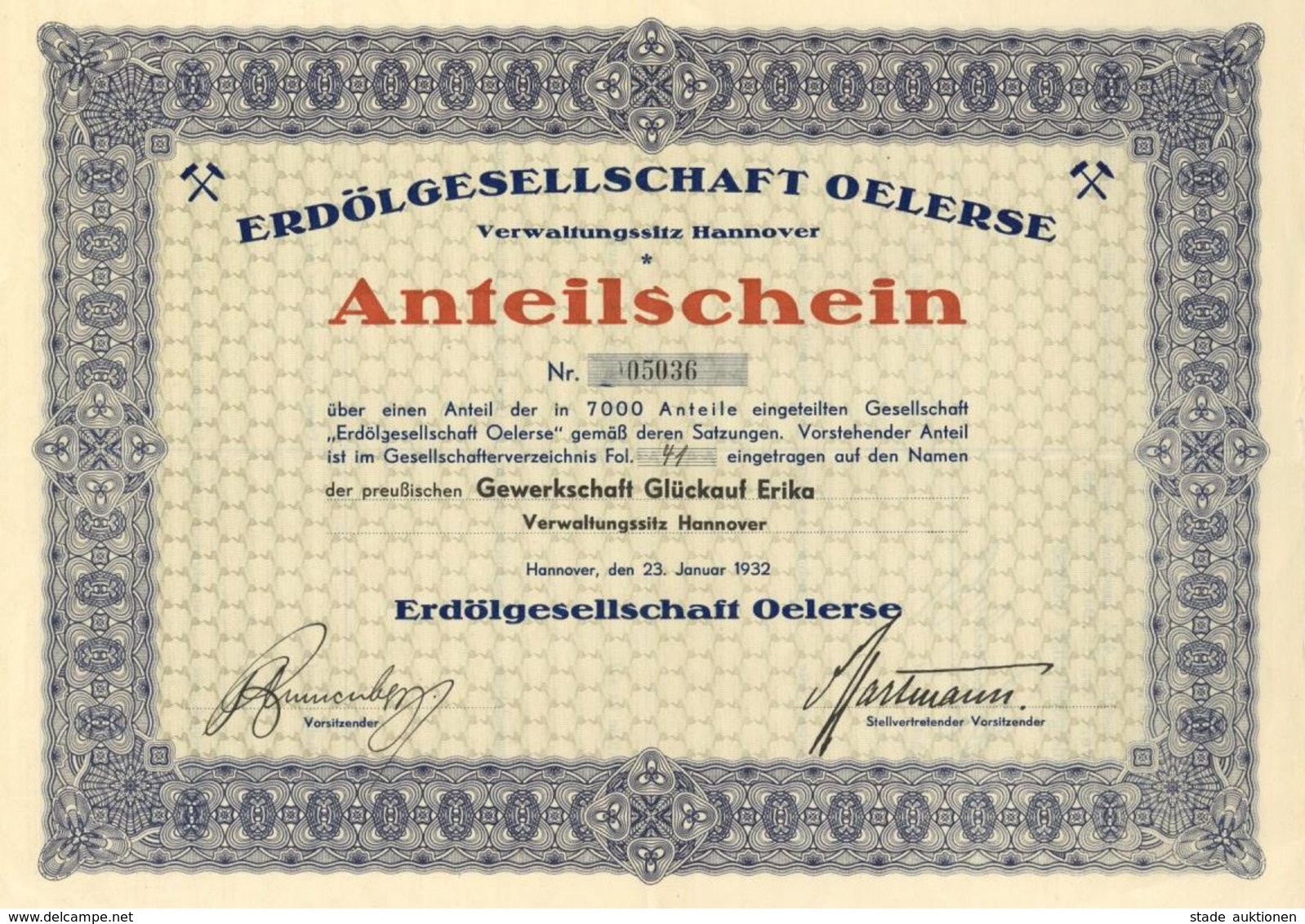 Geld Hannover (3000) Anteilschein Erdölgesellschaft Oelerse Nr. 05036 I-II (kleiner Einriss) Argent - Other & Unclassified