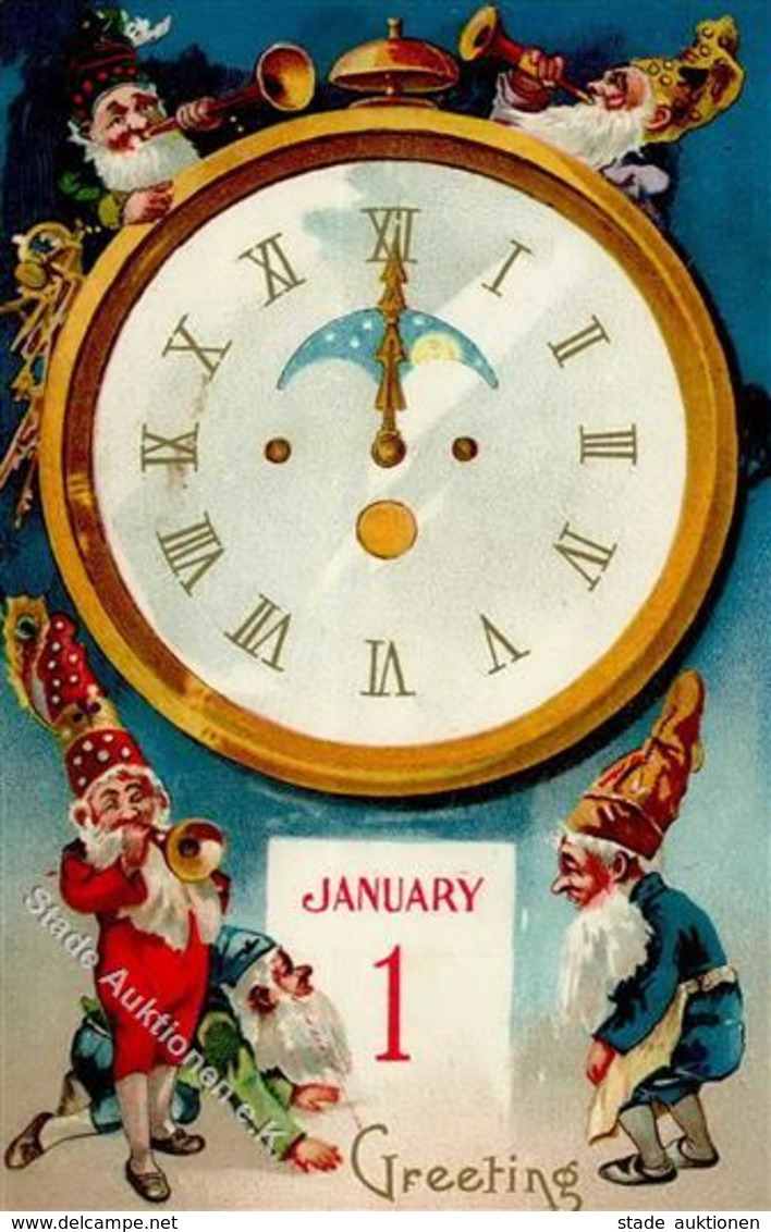Neujahr Uhr Zwerge Prägedruck I-II (Marke Entfernt) Bonne Annee Lutin - Neujahr