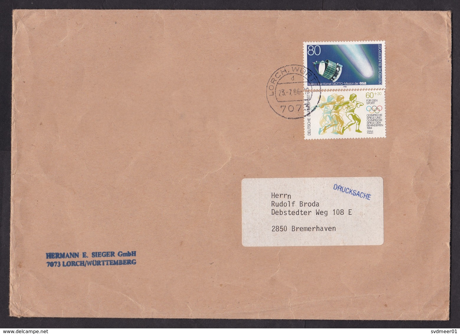 Germany: Cover, 1986, 2 Stamps, Satellite ESA, Space, Olympics, Athletics, Female Discus Throwing, Sports (creases) - Brieven En Documenten