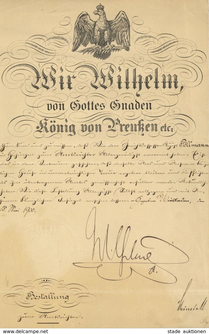 Adel Preussen Original Bestallungsurkunde Von Wilhelm II König Von Preußen 18. Mai 1900 I-II (kleiner Einriss) - Koninklijke Families