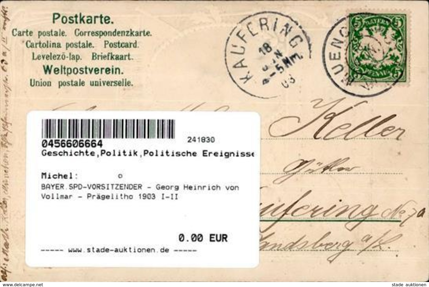 BAYER.SPD-VORSITZENDER - Georg Heinrich Von Vollmar - Prägelitho 1903 I-II - Eventi