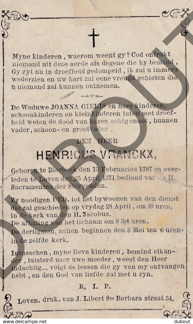 Doodsprentje Henricus Vranckx °1797 Bierbeek †1871 Leuven Echtg. Joanna Gielis (I5) - Décès