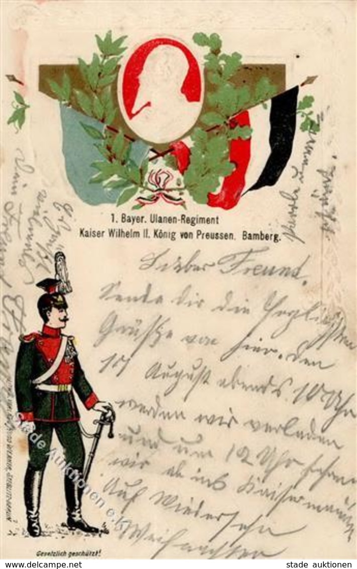 Regiment Bamberg (8600) Nr. 1 Bayr. Ulanen Regt. Kaiser Wilhelm II   Prägedruck 1908 I-II (fleckig) - Régiments
