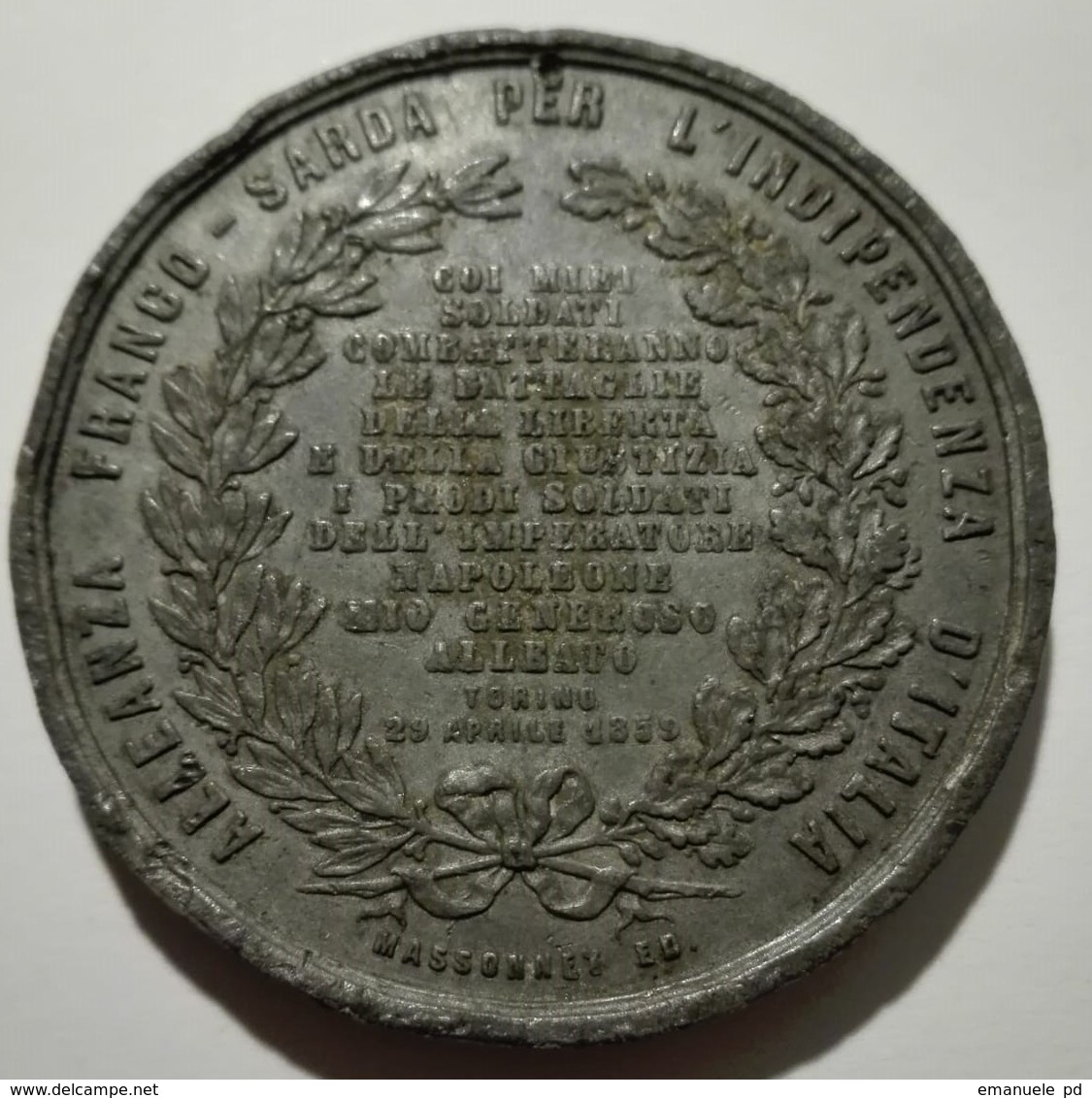 Medaglia Alleanza Franco Sarda Per L'Indipendenza D'Italia 1859 Medal Alliance France - Sardinia For Italy Indipendence - Otros & Sin Clasificación