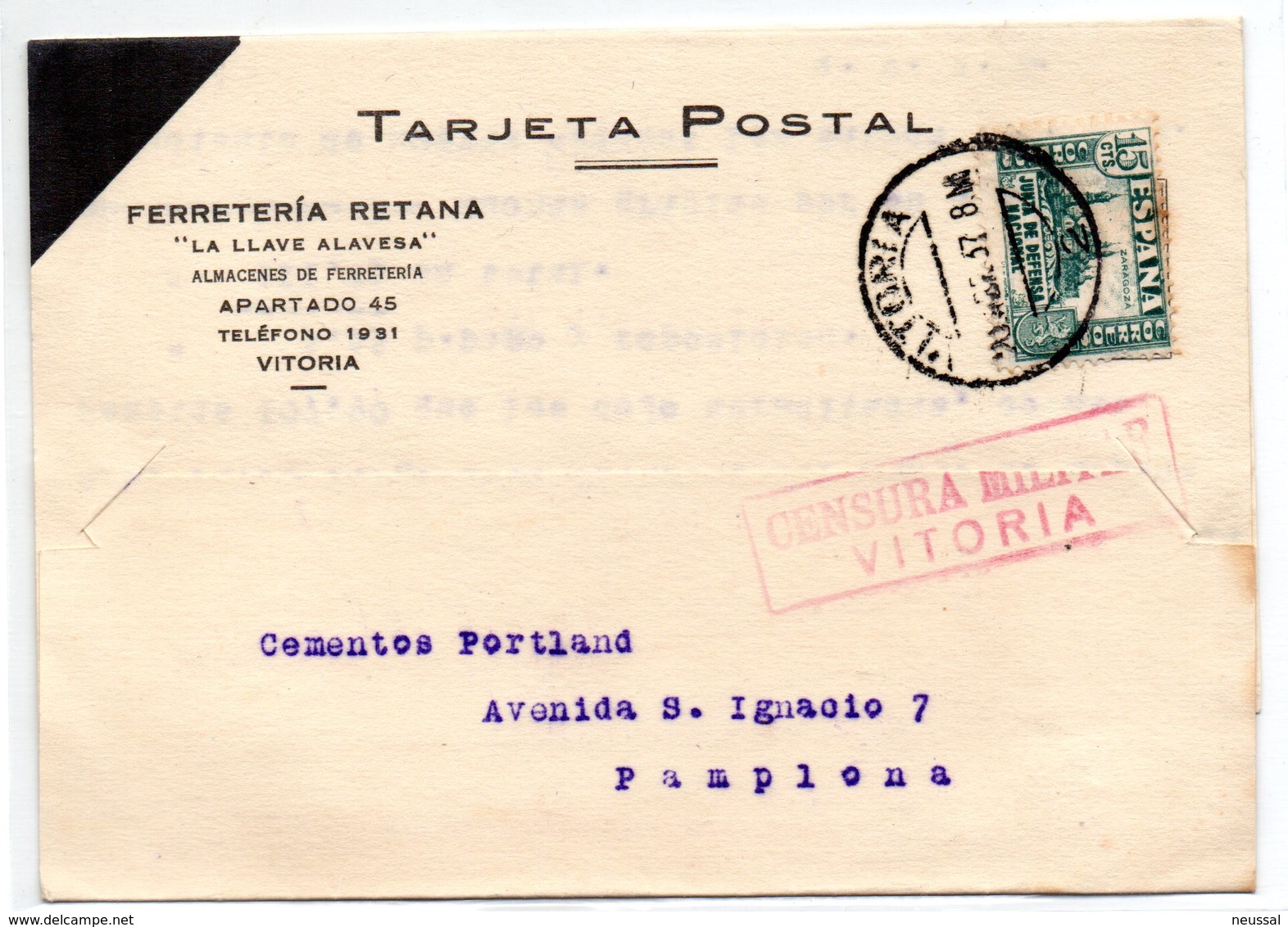 Tarjeta Postal Con Matasellos De Censura Militar De Vitoria. 1937 - Cartas & Documentos