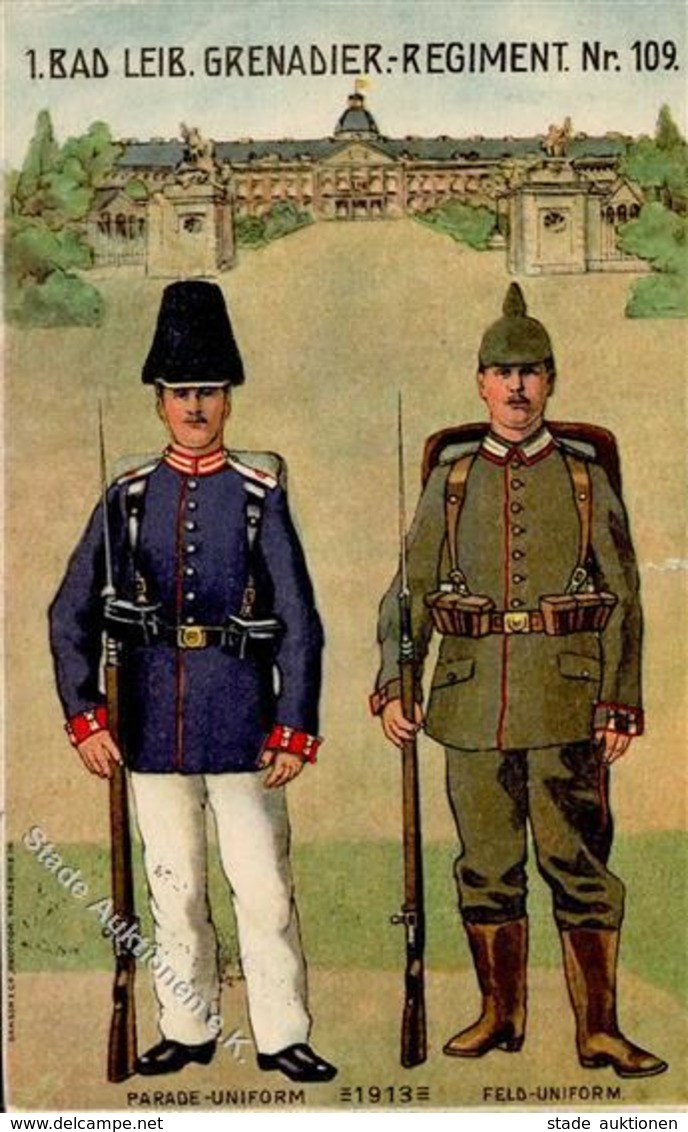 Regiment Karlsruhe Nr. 109 1. Bad. Leib Grenadier Regt.    1913 II (fleckig, Einriss) - Regimente