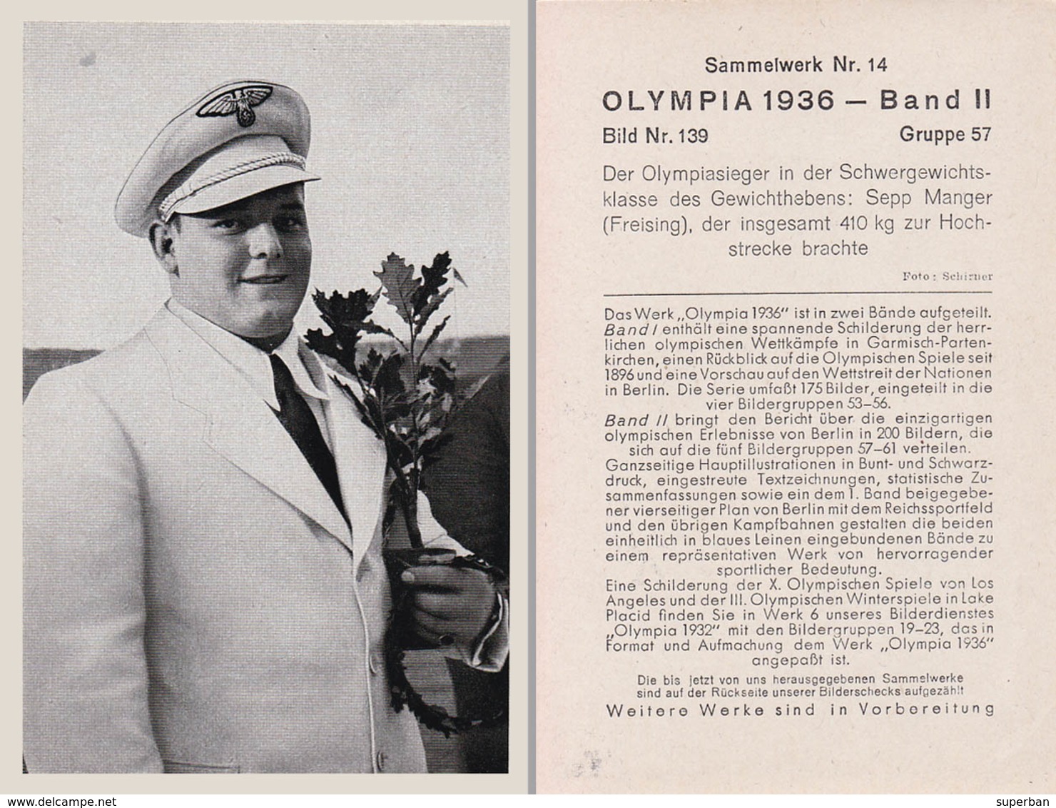 OLYMPIA 1936 - HALTÈRES : SEPP MANGER - CHAMPION OLYMPIQUE - À VOIR DÉTAILS AU DOS ! (z-362) - Weightlifting