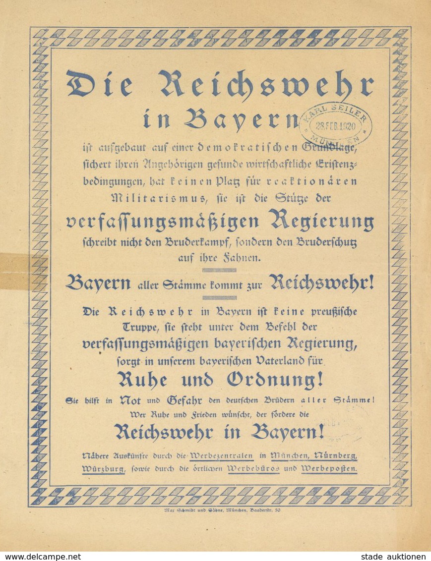Zwischenkriegszeit Propaganda Die Reichswehr In Bayern Plakat Cxa. 23 X 29,5 Cm II (repariert) - History