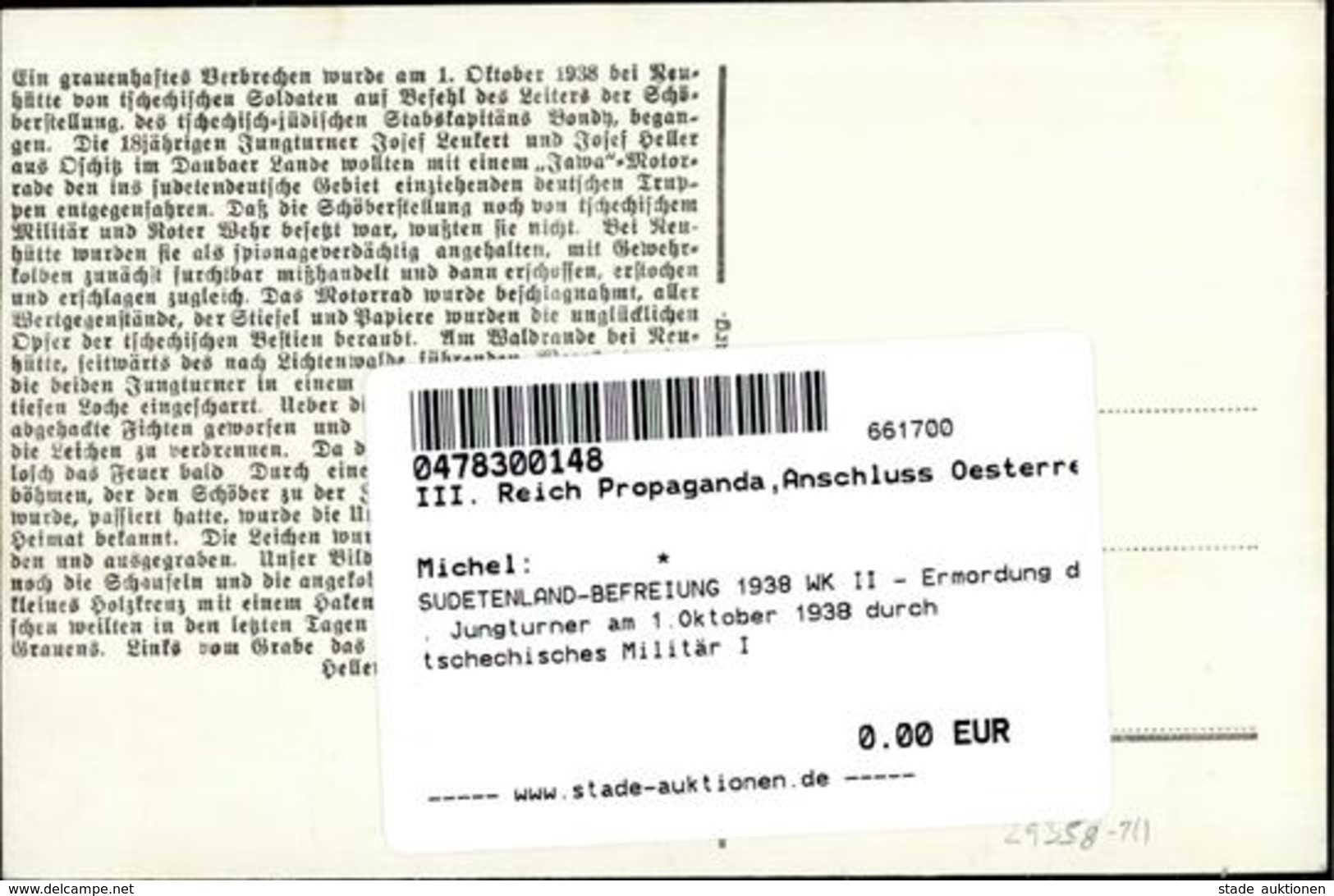 SUDETENLAND-BEFREIUNG 1938 WK II - Ermordung D. Jungturner Am 1.Oktober 1938 Durch Tschechisches Militär I - War 1939-45