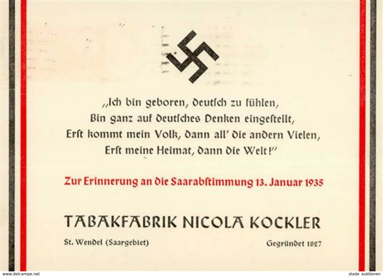 WK II Saarabstimmung Propaganda Tabakfabrik Nicola Kockler I-II - Weltkrieg 1939-45