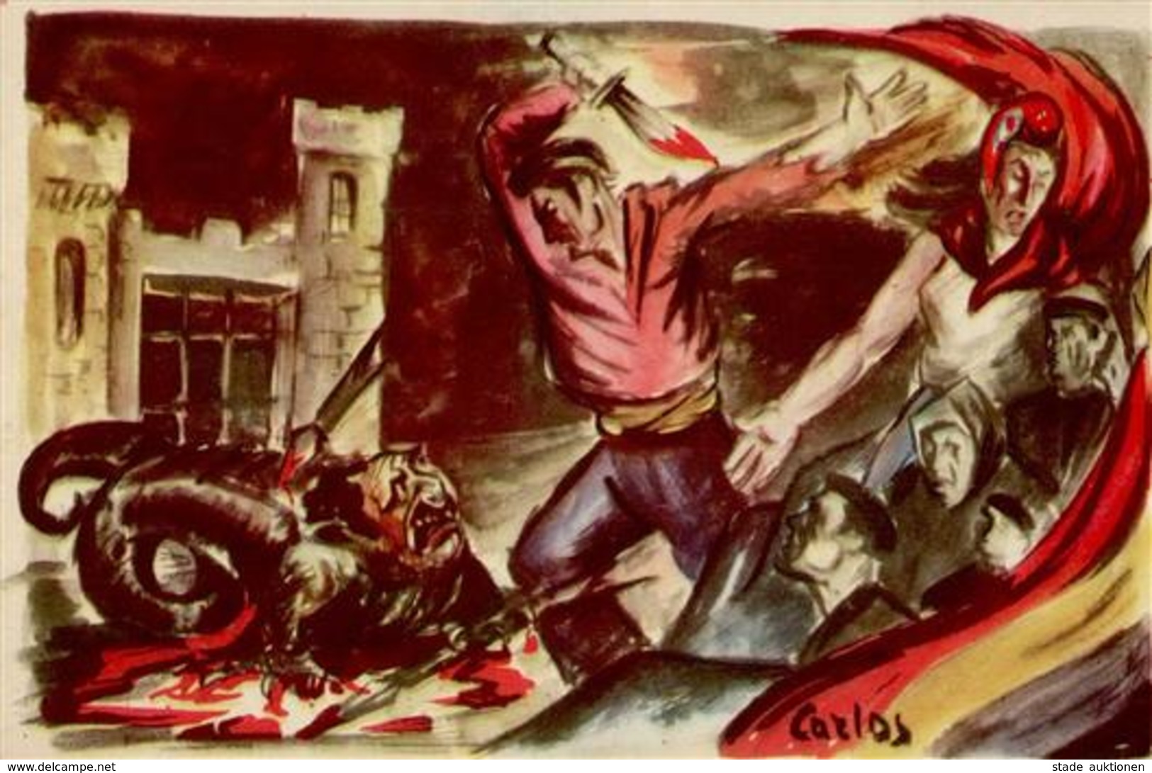 Propaganda WK II - BÜRGERKRIEG SPANIEN 1936 - Künstlerkarte Sign. Carlos I - Guerra 1939-45