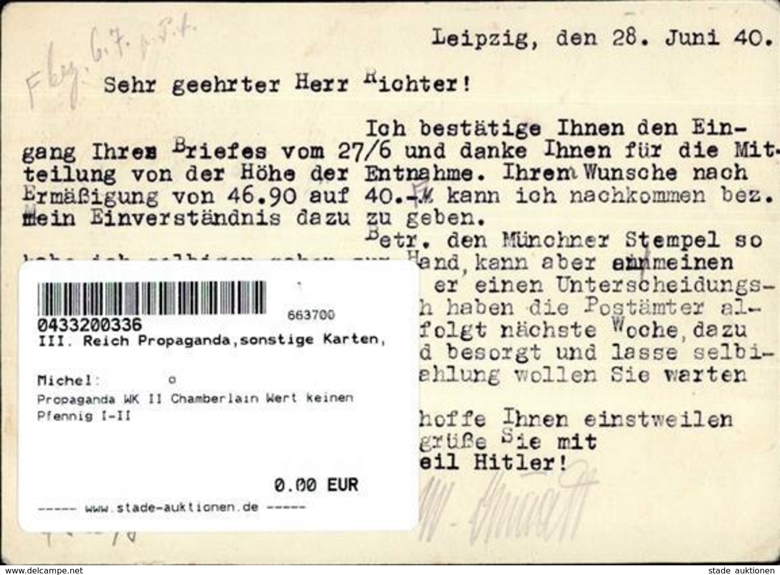 Propaganda WK II Chamberlain Wert Keinen Pfennig I-II - Weltkrieg 1939-45