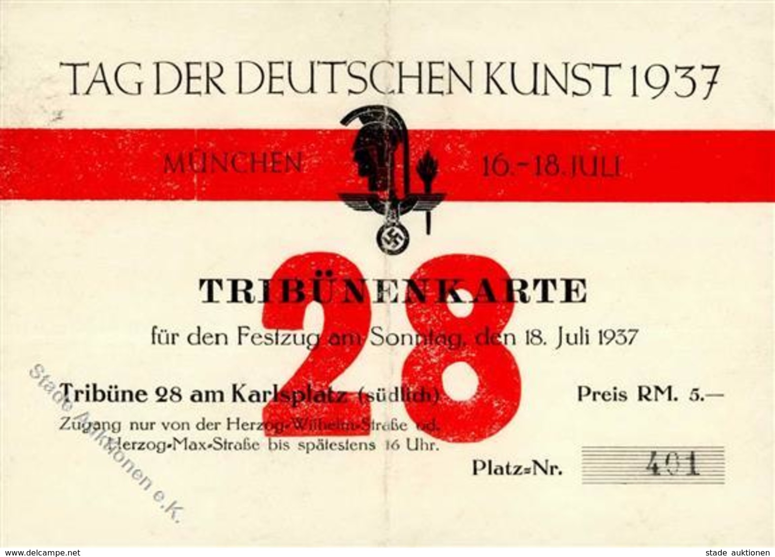 Propaganda WK II Eintrittskarte München (8000) Tag Der Deutschen Kunst 1937 I-II (mittelbug) - War 1939-45