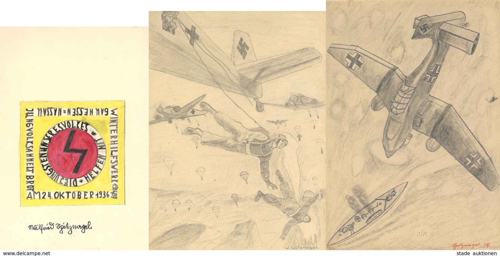 Propaganda WK II Handgemalt Lot Mit 13 Zeichnungen U. Bildern I-II - Weltkrieg 1939-45