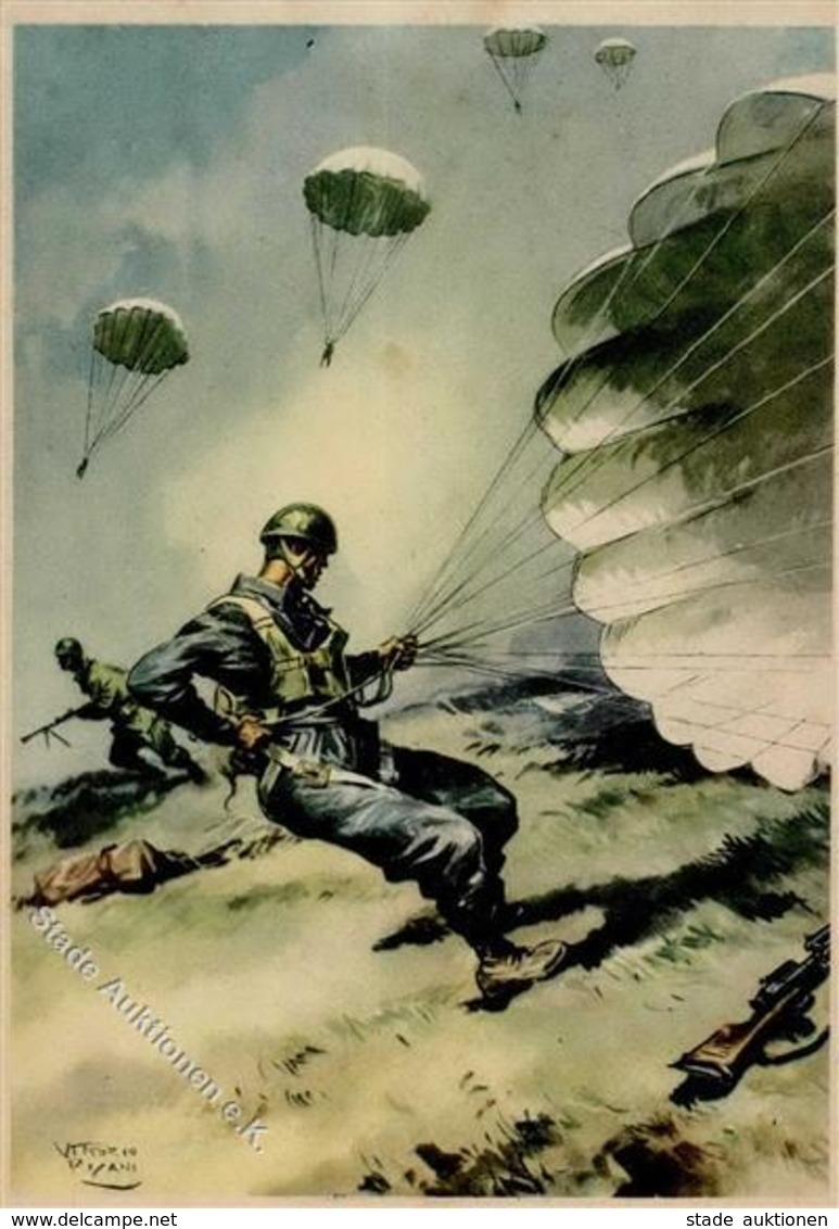 Propaganda WK II Italien Fallschirmspringer Künstlerkarte I-II (fleckig) - War 1939-45