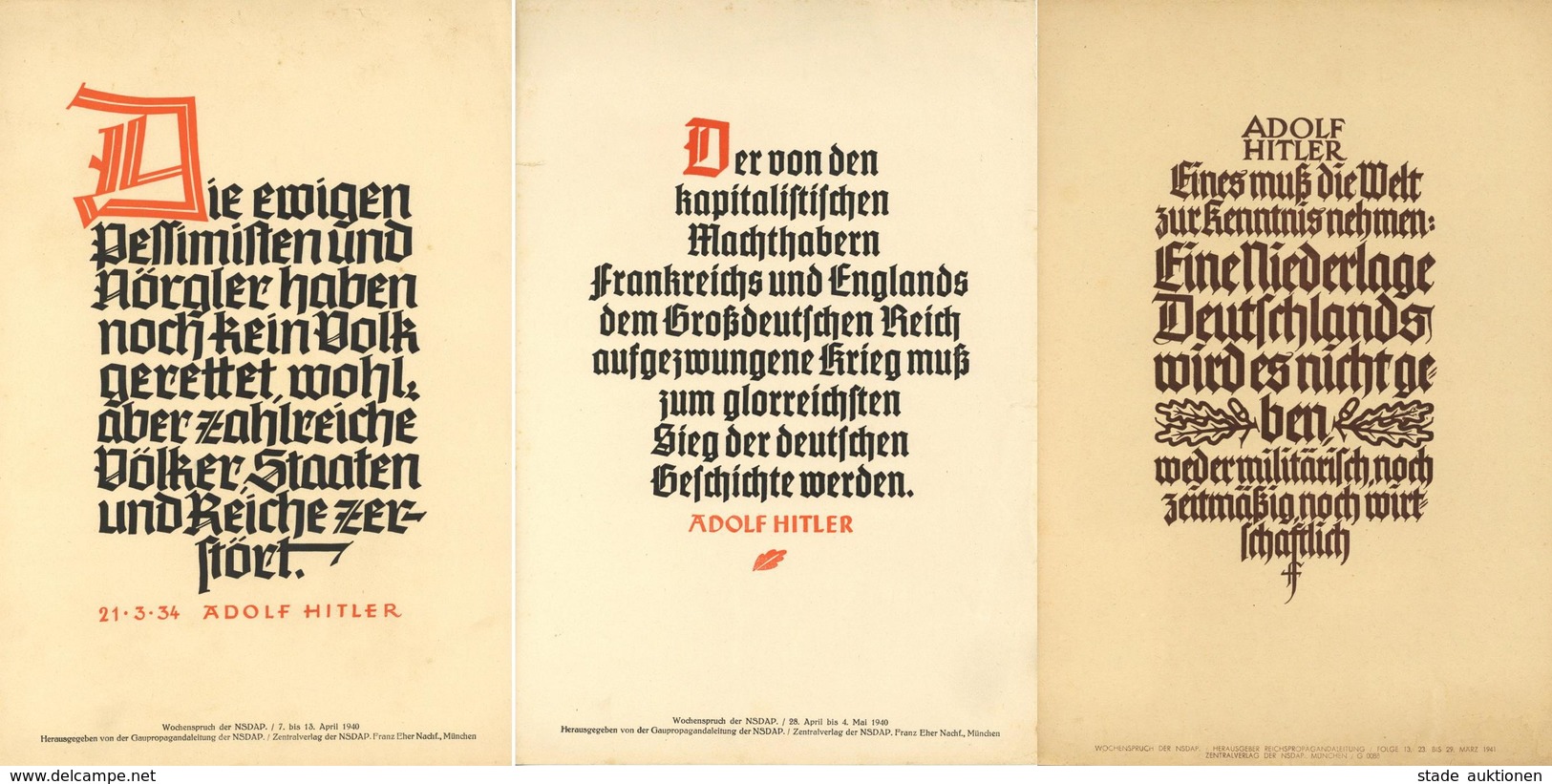 Propaganda WK II Lot Mit 14 Stück Wochenspruch Der NSDAP 1940/41 Plakat Ca. 24 X 35 Cm II (teils Kleine Einrisse) - War 1939-45