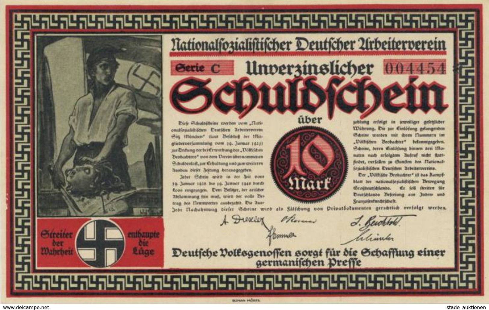 Propaganda WK II Nationalsozialistischer Deutscher Arbeiterverein  Schuldschein I-II - War 1939-45