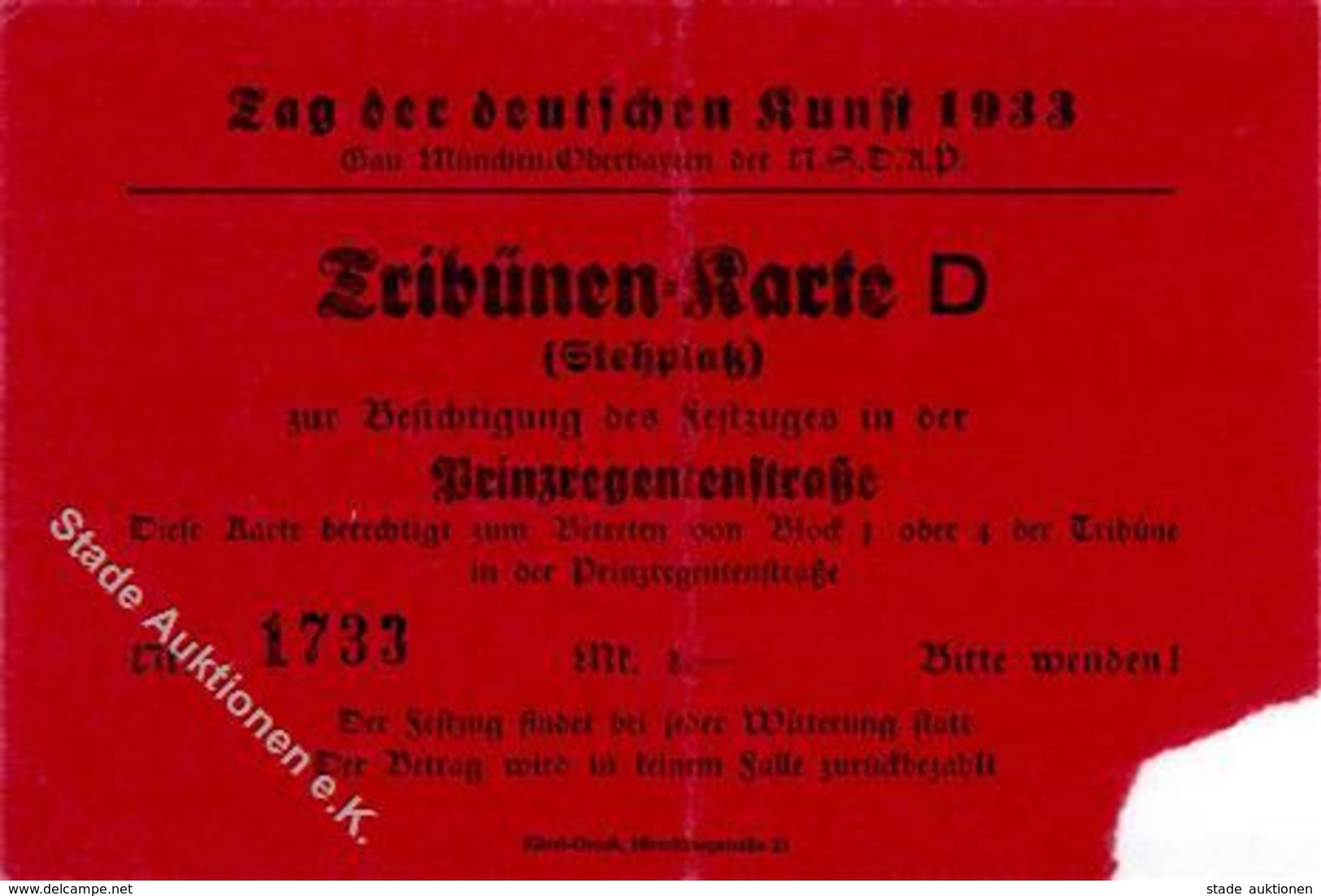 Propaganda WK II Tag Der Deutschen Kunst 1933 Eintrittskarte Festzug Prinzregentstraße I-II (Mittelbug) - Weltkrieg 1939-45