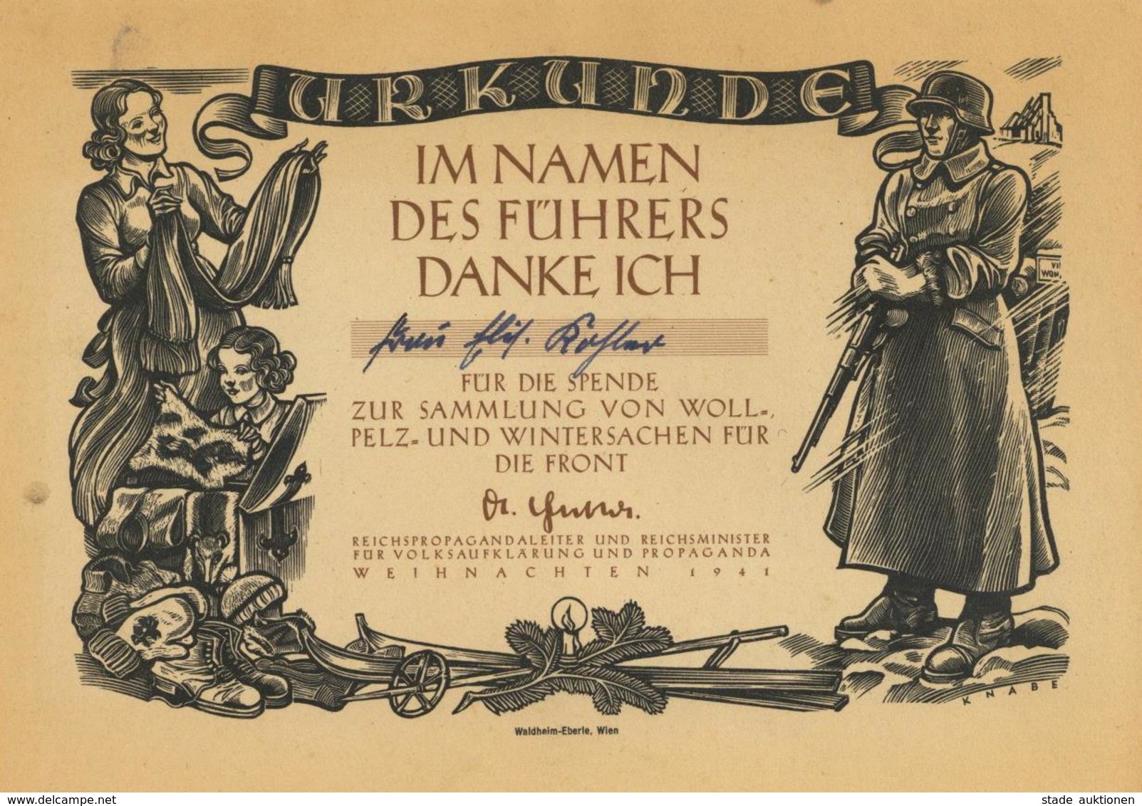 Propaganda WK II Urkunde Für Die Spende Zur Sammlung Von Woll U. Pelzsachen Für Die Front I-II (fleckig) - War 1939-45