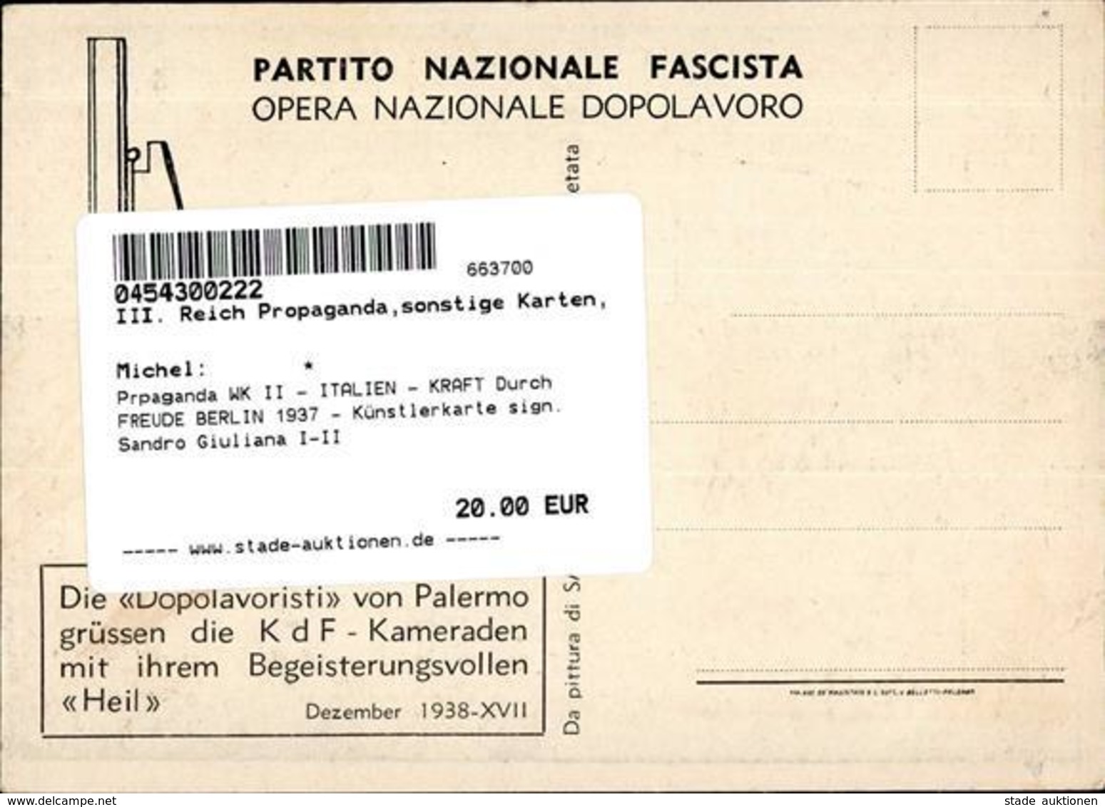 Prpaganda WK II - ITALIEN - KRAFT Durch FREUDE BERLIN 1937 - Künstlerkarte Sign. Sandro Giuliana I-II - Guerre 1939-45
