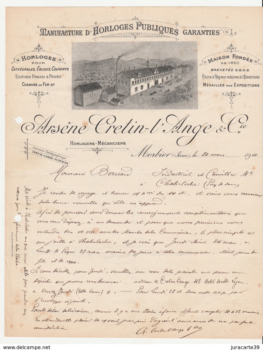 Morbiez.39.Jura.Courrier De La Manufacture D'Horloges Publiques Arsène Cretin-l'Ange & Cie.1910.Horlogerie.1910 - Petits Métiers