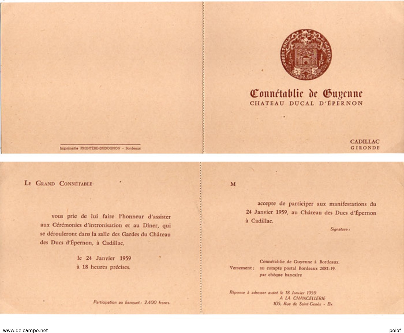 Invitation - Connétablie De Guyenne - Chateau Ducal D' Epernon - CADILLAC (Gironde) 1959  (110767) - Autres & Non Classés