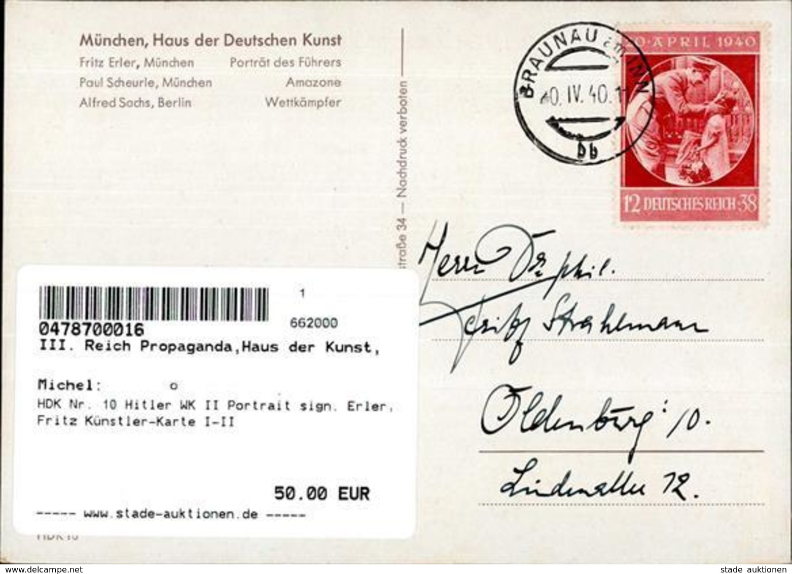 HDK Nr. 10 Hitler WK II Portrait Sign. Erler, Fritz Künstler-Karte I-II - Weltkrieg 1939-45