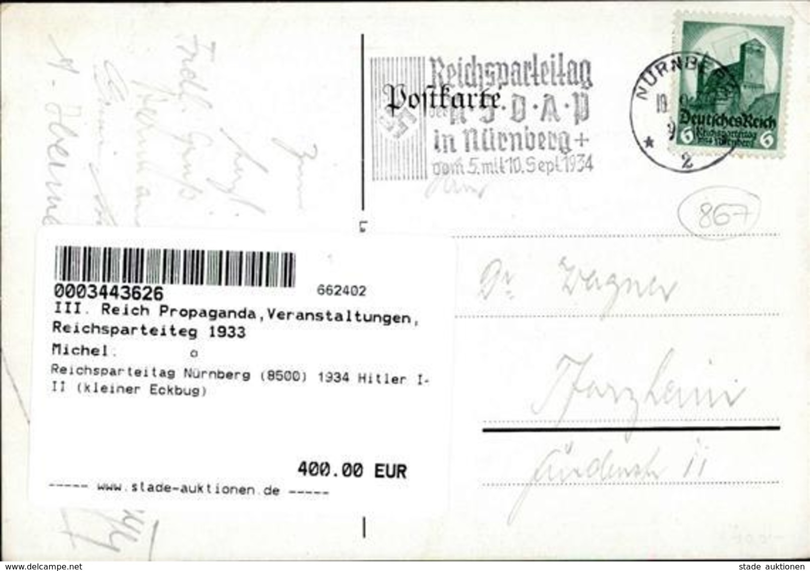 Reichsparteitag Nürnberg (8500) 1934 Hitler I-II (kleiner Eckbug) - War 1939-45