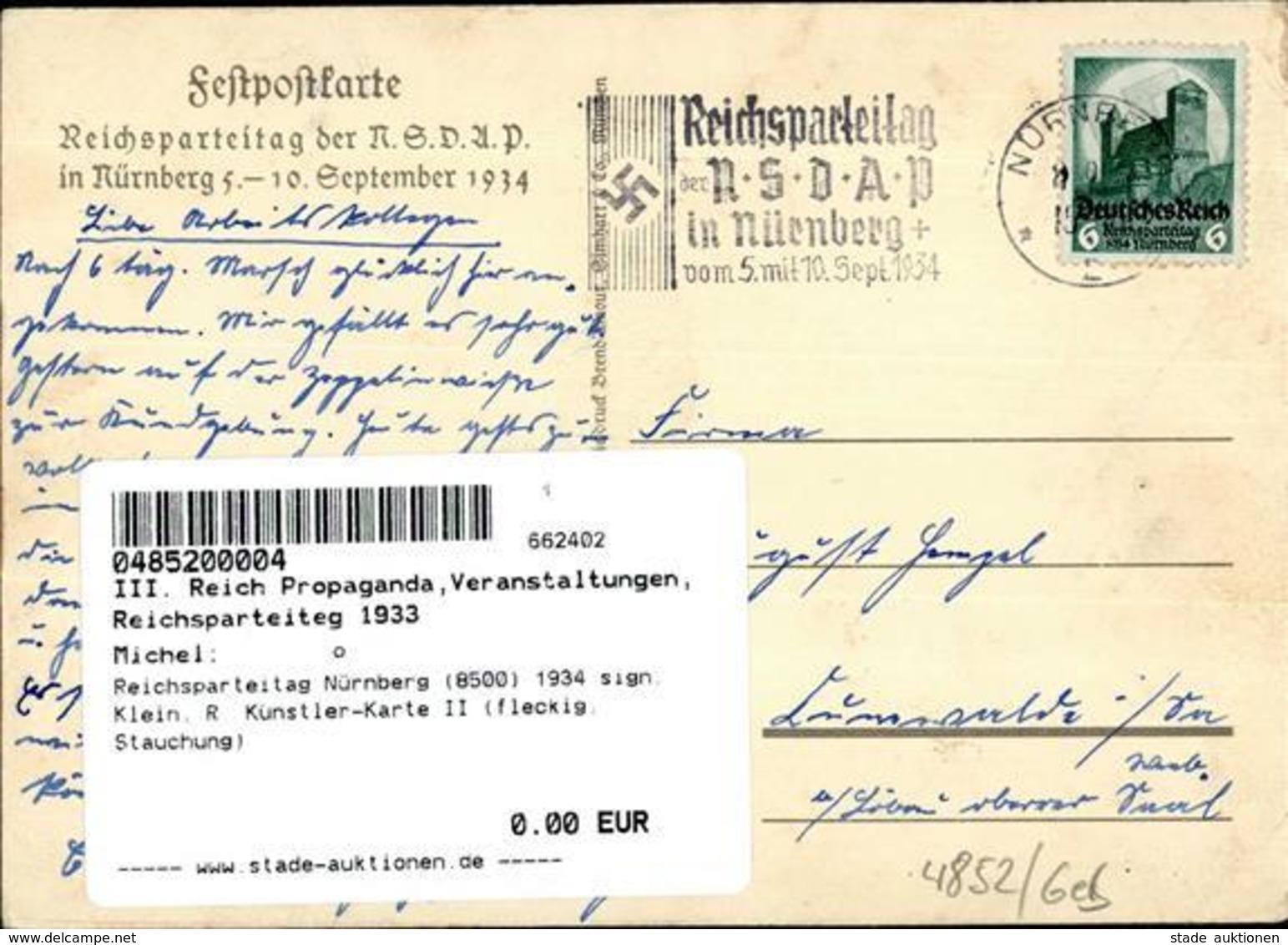 Reichsparteitag Nürnberg (8500) 1934 Sign. Klein, R. Künstler-Karte II (fleckig, Stauchung) - War 1939-45