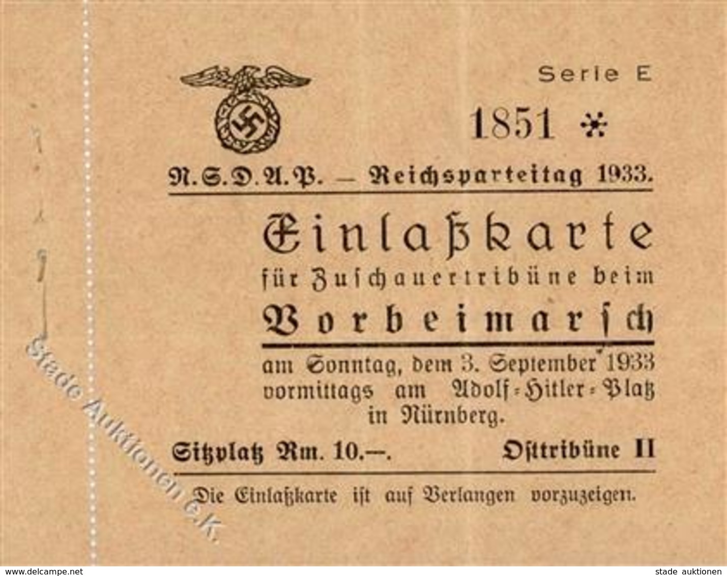 Reichsparteitag WK II Nürnberg (8500) 1933 Eintrittskarte Vorbeimarsch II (Mittelbug) - War 1939-45