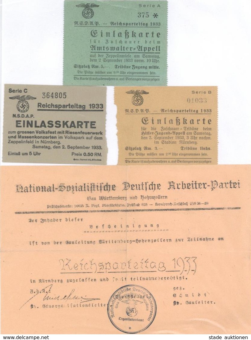 Reichsparteitag WK II Nürnberg (8500) 1933 Lot Mit 1 Zulassungsschein Und 3 Eintrittskarten II - Guerre 1939-45