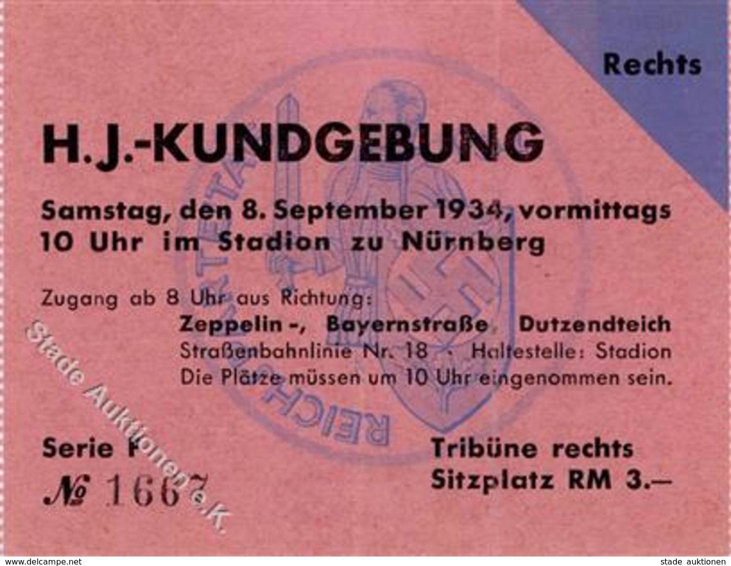 Reichsparteitag WK II Nürnberg (8500) 1934 Eintrittskarte HJ Kundgebung I-II - Oorlog 1939-45