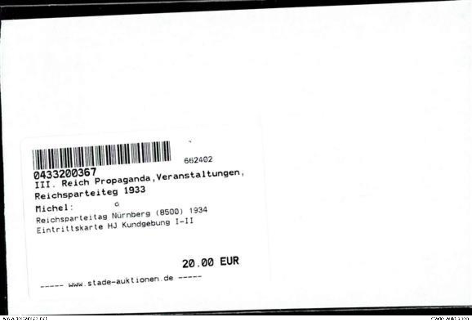 Reichsparteitag WK II Nürnberg (8500) 1934 Eintrittskarte HJ Kundgebung I-II - Guerre 1939-45