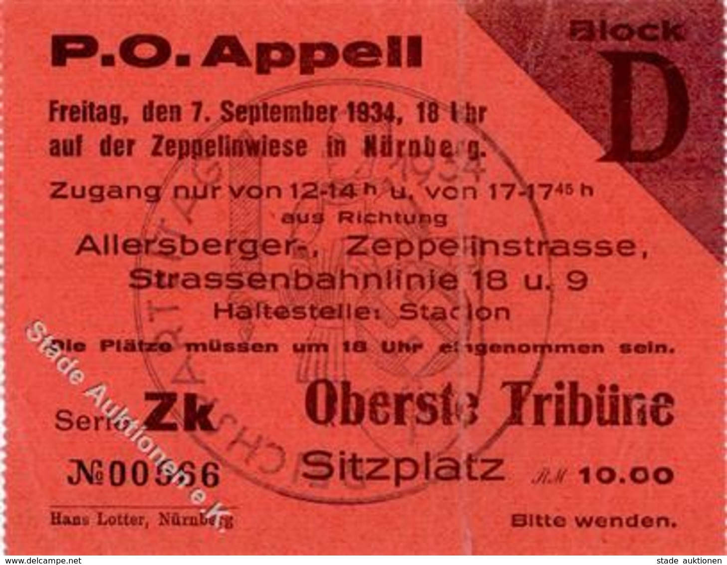 Reichsparteitag WK II Nürnberg (8500) 1934 Eintrittskarte P. O. Appell II (Mittelbug, Kl. Einriss) - Guerre 1939-45