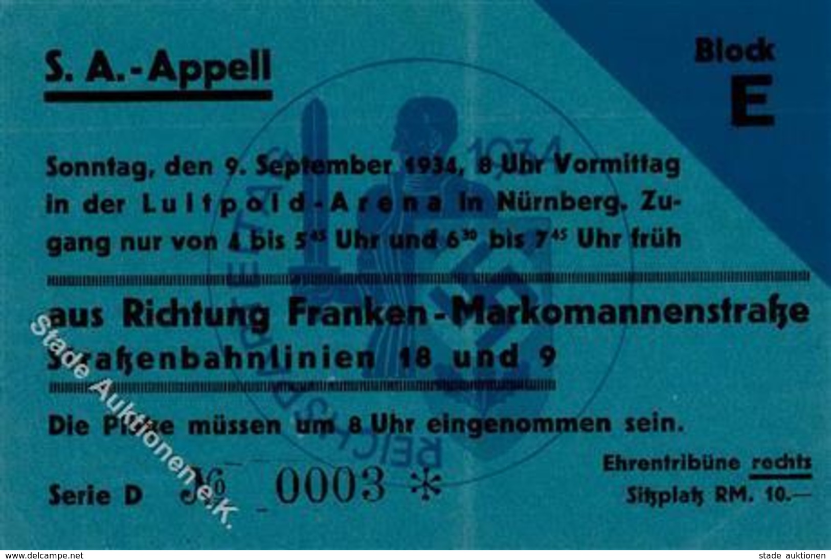 Reichsparteitag WK II Nürnberg (8500) 1934 Eintrittskarte SA Appell II (Mittelbug) - War 1939-45