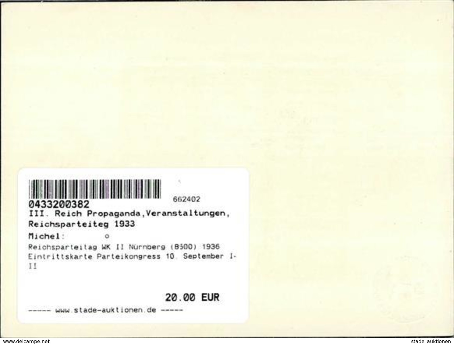 Reichsparteitag WK II Nürnberg (8500) 1936 Eintrittskarte Parteikongress 10. September I-II - Guerre 1939-45