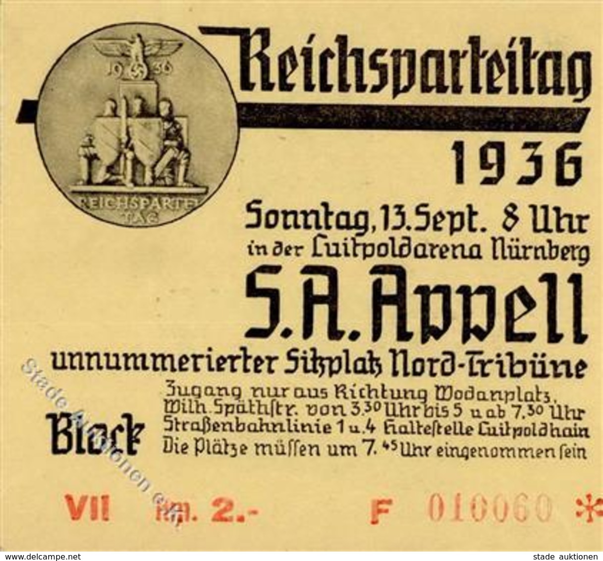 Reichsparteitag WK II Nürnberg (8500) 1936 Eintrittskarte SA Appell I-II - War 1939-45