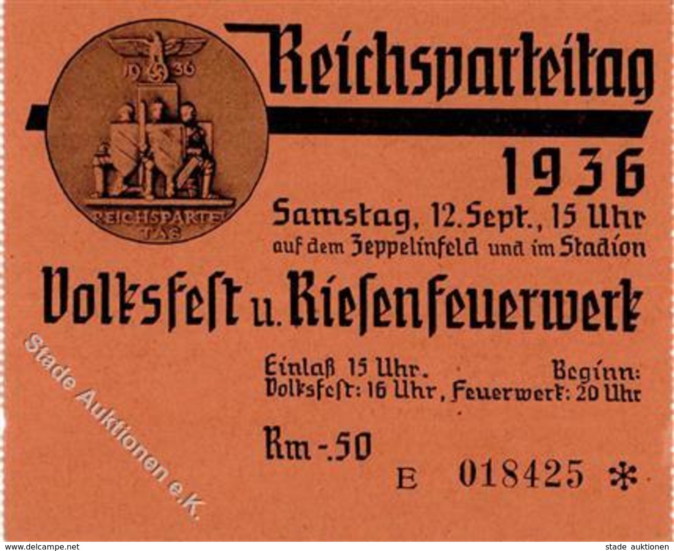 Reichsparteitag WK II Nürnberg (8500) 1936 Eintrittskarte Volksfest U. Riesenfeuerwerk I-II - War 1939-45