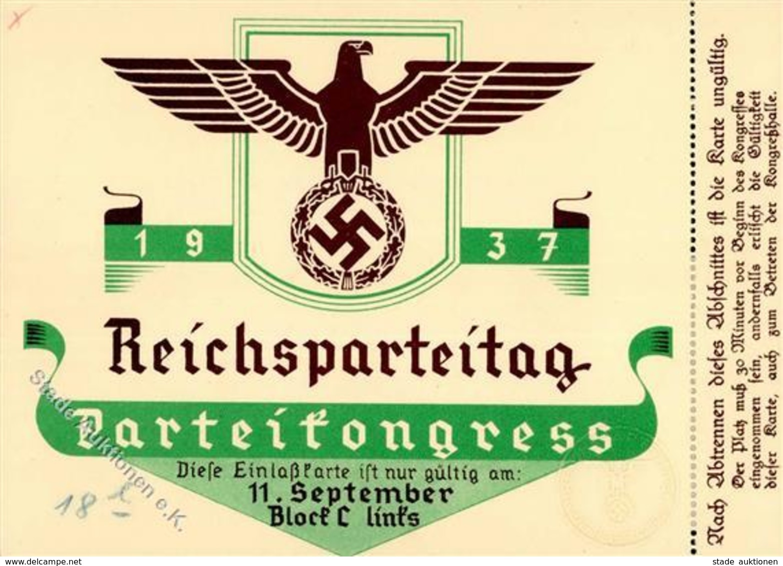 Reichsparteitag WK II Nürnberg (8500) 1937 Eintrittskarte Parteikongress 11. September I-II - War 1939-45
