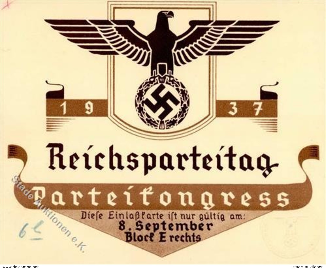 Reichsparteitag WK II Nürnberg (8500) 1937 Eintrittskarte Parteikongress 8. September I-II - War 1939-45