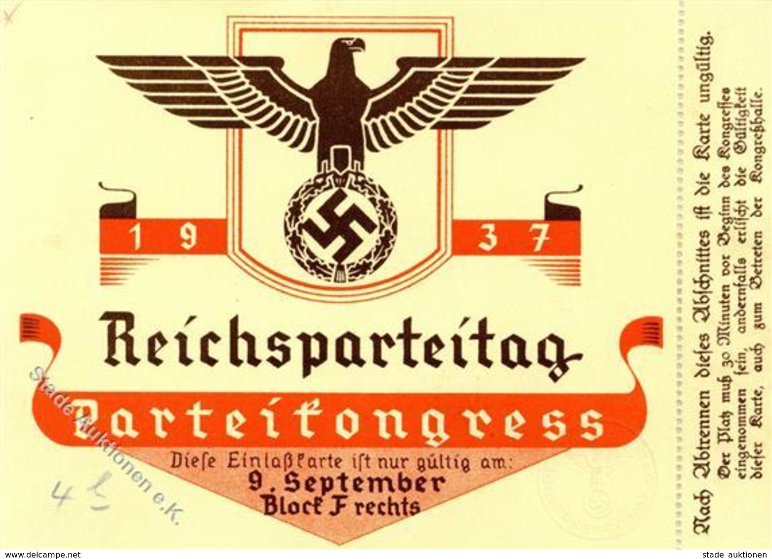 Reichsparteitag WK II Nürnberg (8500) 1937 Eintrittskarte Parteikongress 9. September I-II - War 1939-45