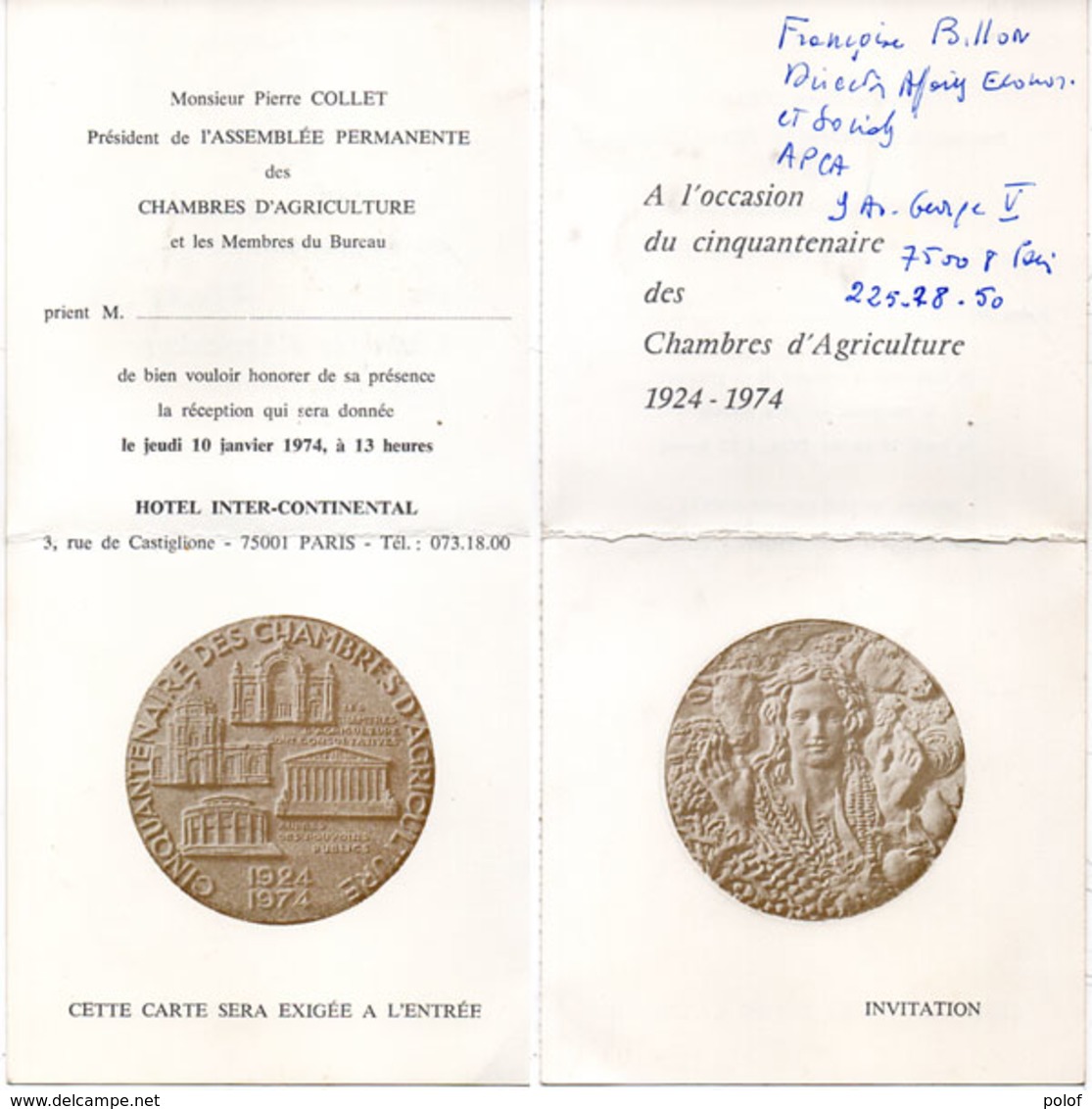 Invitation - Cinquantenaire Des Chambres D' Agriculture - 1924-1974 - Hotel Intercontinental -Paris   (110768) - Autres & Non Classés
