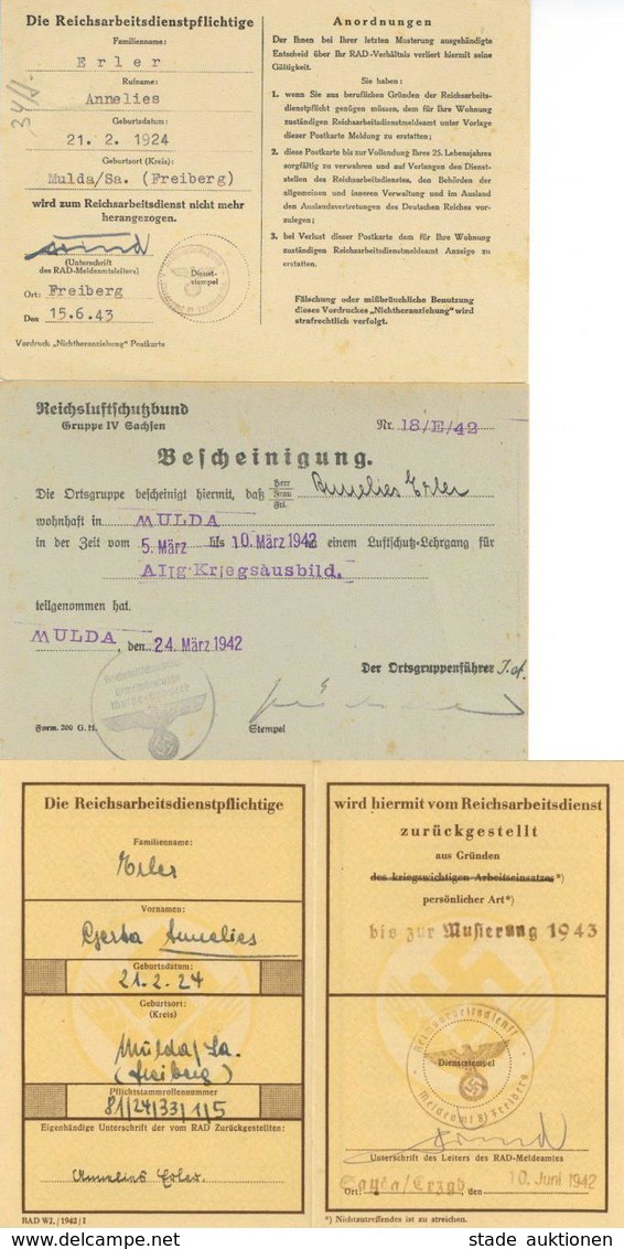 WK II RAD Reichsarbeitsdienst Lot Mit 3 Belegen Zurückstellung Und Luftschutz I-II - Guerre 1939-45