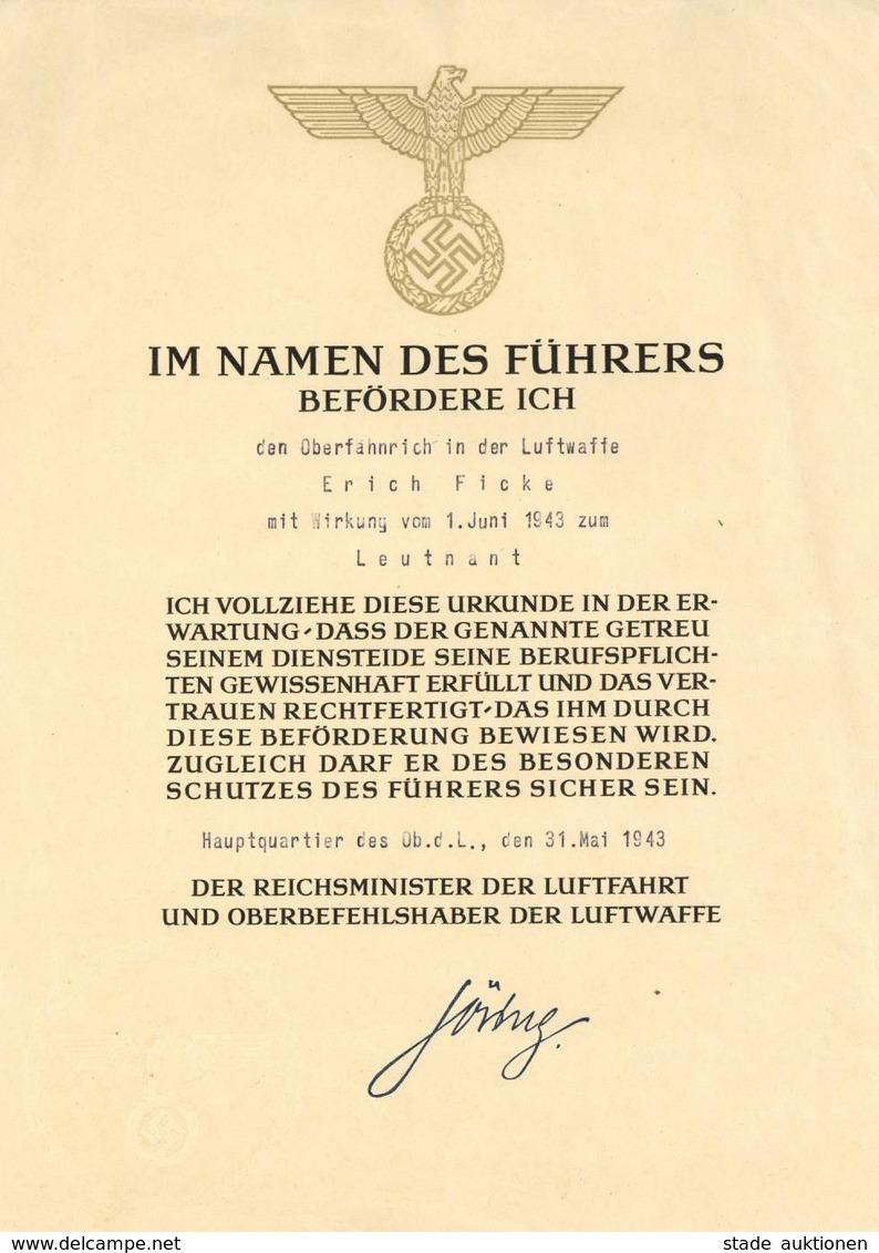 Ernennungsurkunde Beförderung Zum Leutnant Der Luftwaffe 1943 Unterschrift Göring I-II (Stauchung) - Guerre 1939-45