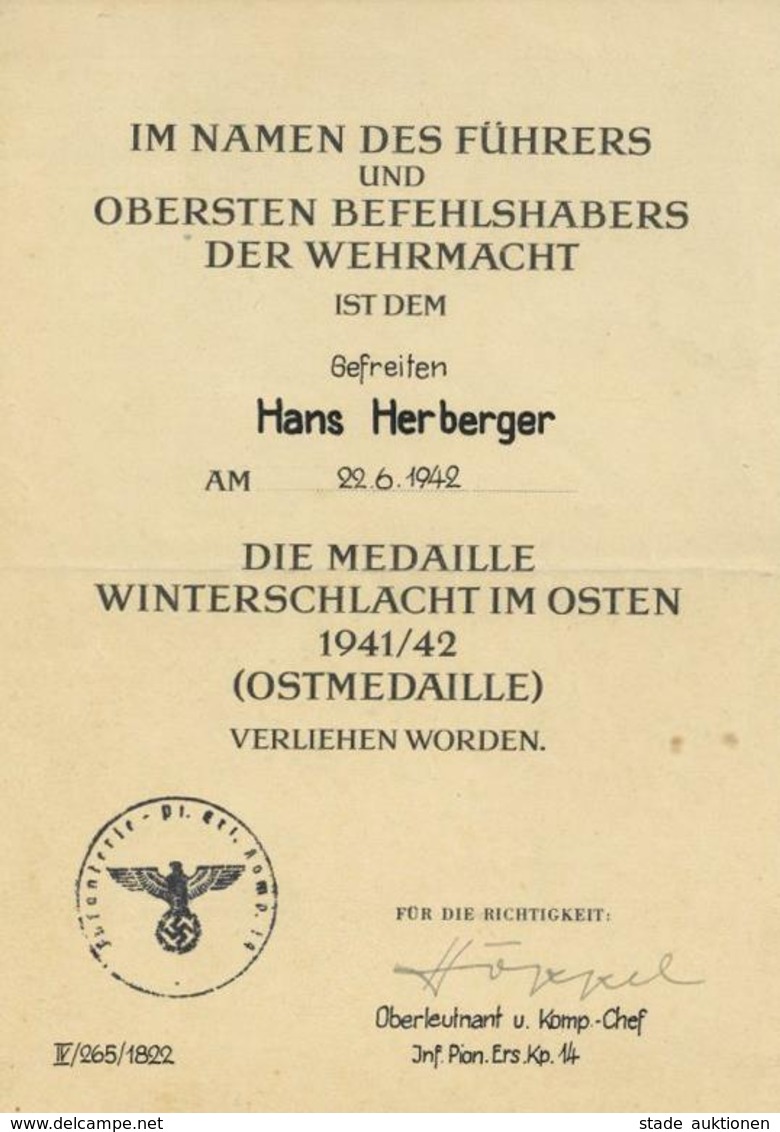 Verleihungsurkunde Die Medaille Winterschlacht Im Osten 1941/42 Ostmedaille I-II (fleckig) - Guerre 1939-45